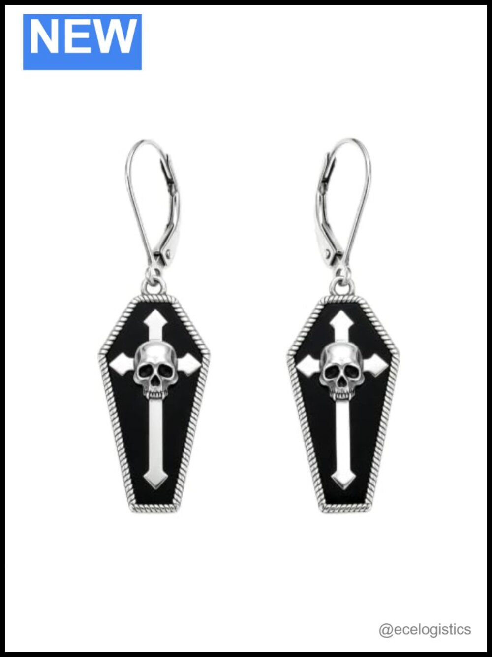 925 Sterling Silver Goth Coffin Skull Leverback Dangle Earrings